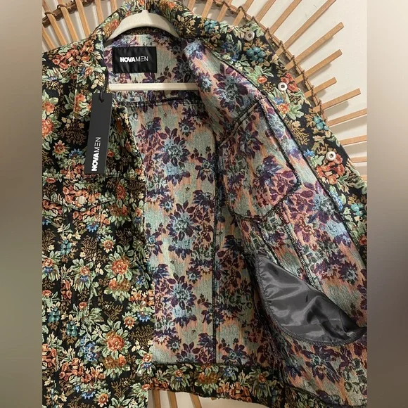 🏷️ BNWT Nova Men Tapestry Trucker Jacket Black Floral Brocade Snap Buttons Sz L - Picture 8 of 12